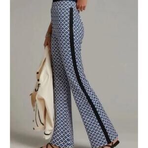 Anthropologie Maeve Pants White Blue Geometric Pull On Bootcut Flared Size S